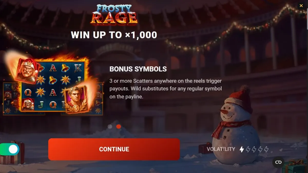 Tampilan visual slot Frosty Rage dengan tema gladiator dan suasana Natal