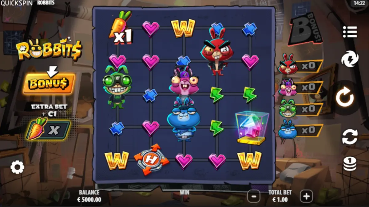 Tampilan visual slot Robbits dari Quickspin yang menampilkan karakter kelinci dan elemen heist.