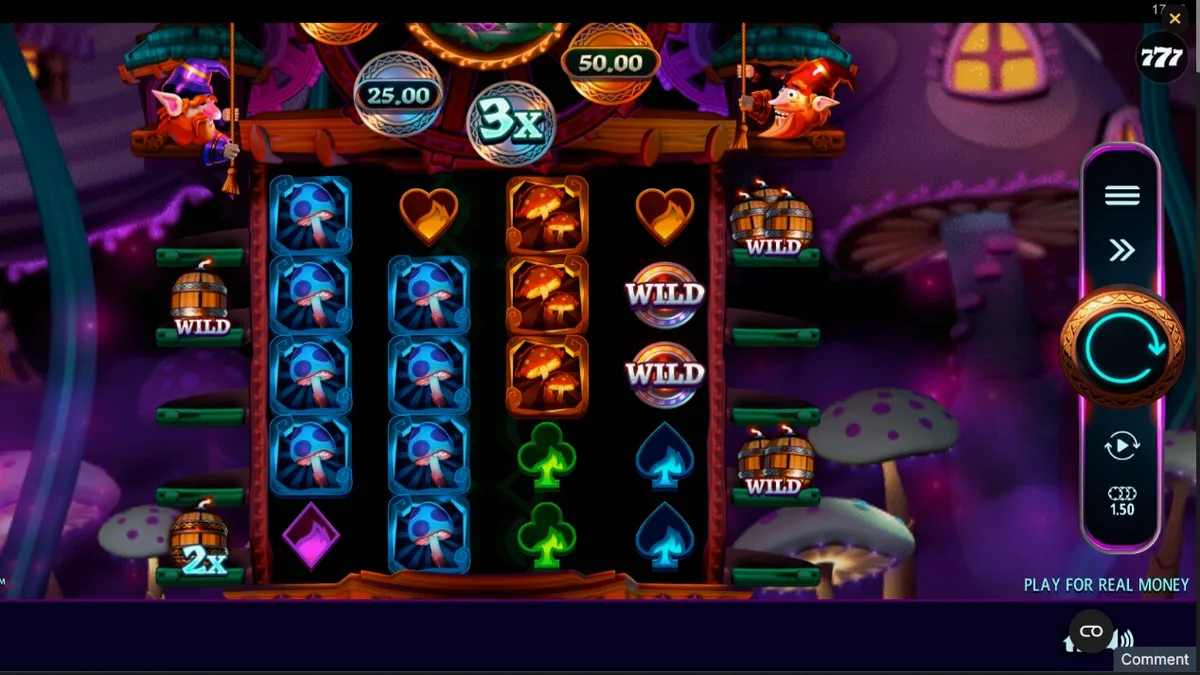 Tampilan visual slot Fire Gnomes 2 Magic Wheel dengan tema gnome dan jamur.