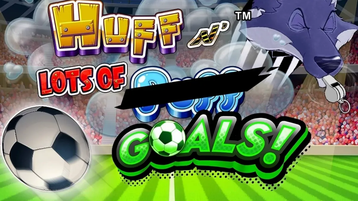 Tampilan visual slot Huff N' Lots of Goals dengan tema sepak bola dan babi kecil